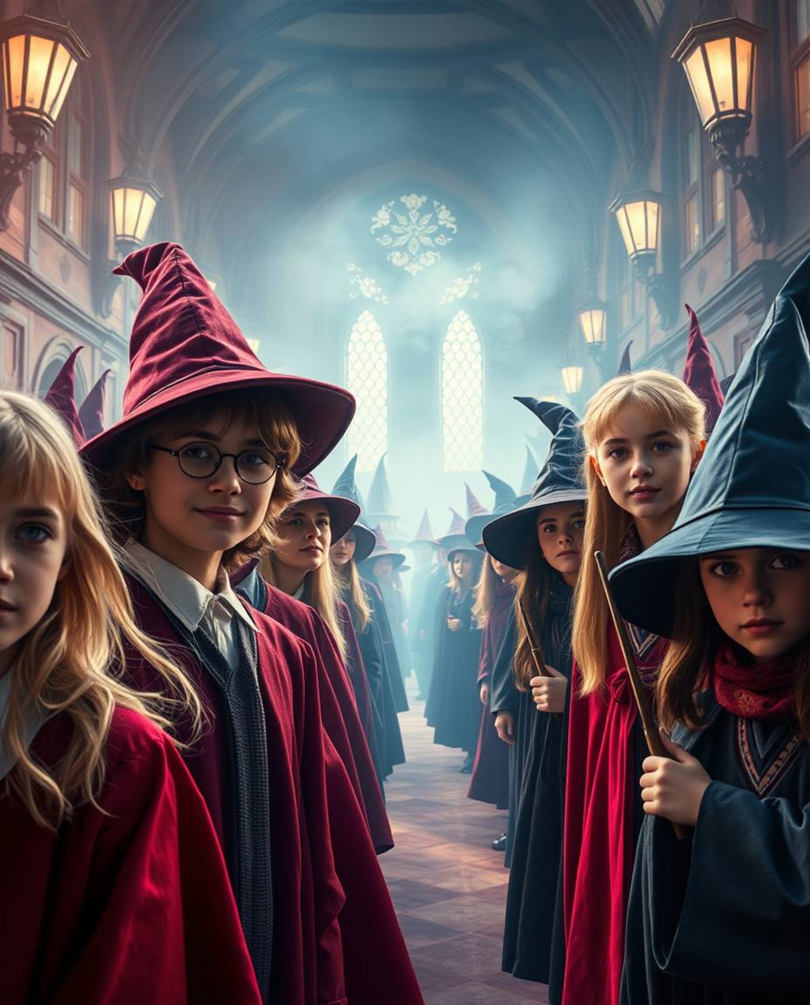 Immerse yourself in a cinematic vision of a magical school, teeming with young wizards displaying refined features. Rendered 