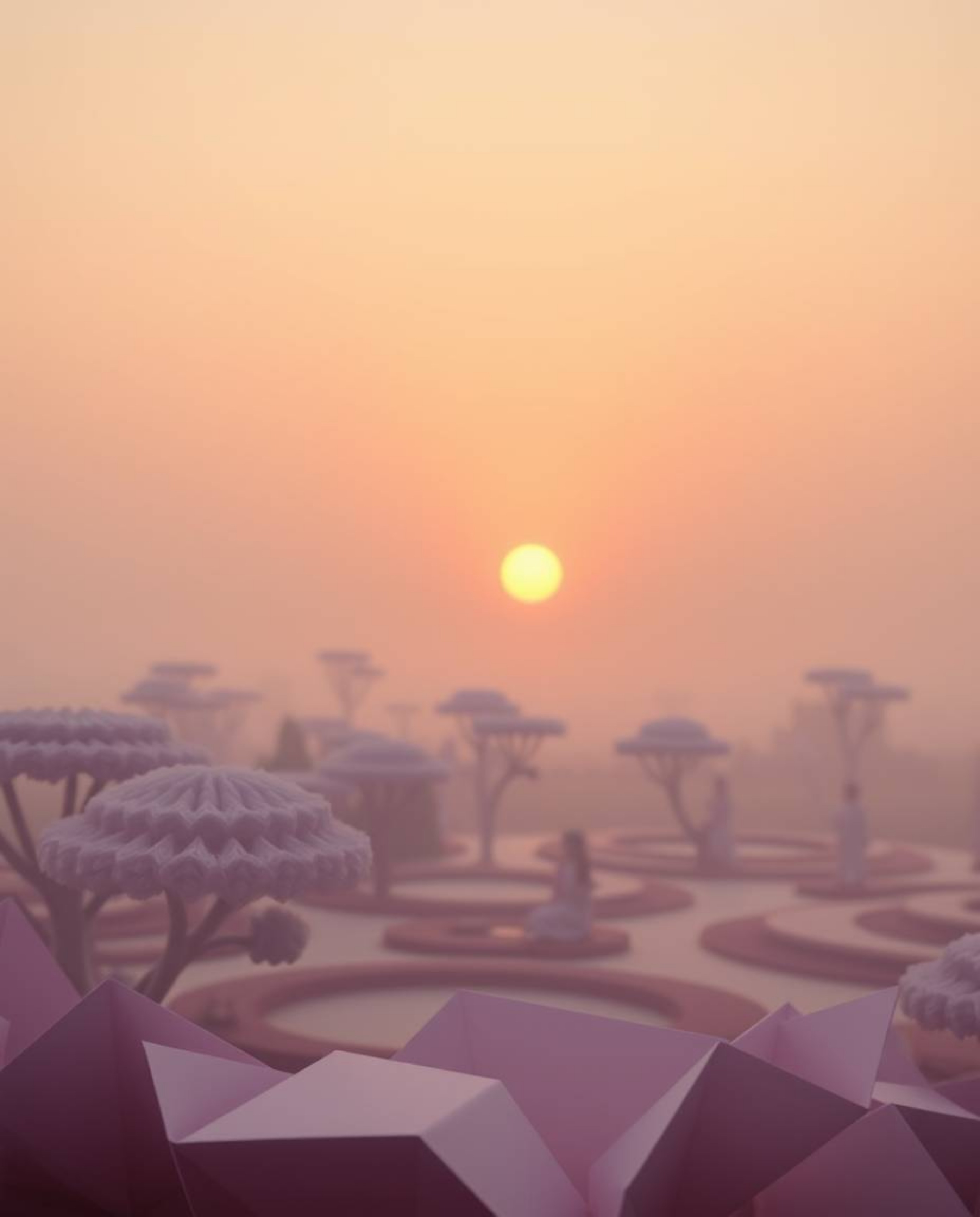 Immerse yourself in a serene Zen garden at sunset, reimagined in an intricate origami style. This unique depiction features a