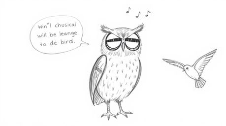 A heartwarming Pixar-style scene depicts a blind owl, rendered with textured pencil strokes, passionately teaching birds to f
