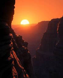 Rendered in a high-contrast, low-key Isekai anime style, this artwork depicts a sunset illuminating sandstone canyon cliffs. 