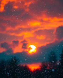 Experience a vibrant sunset as snowflakes fall, where warm terracotta and cool teal tones converge to create a dramatic, eart