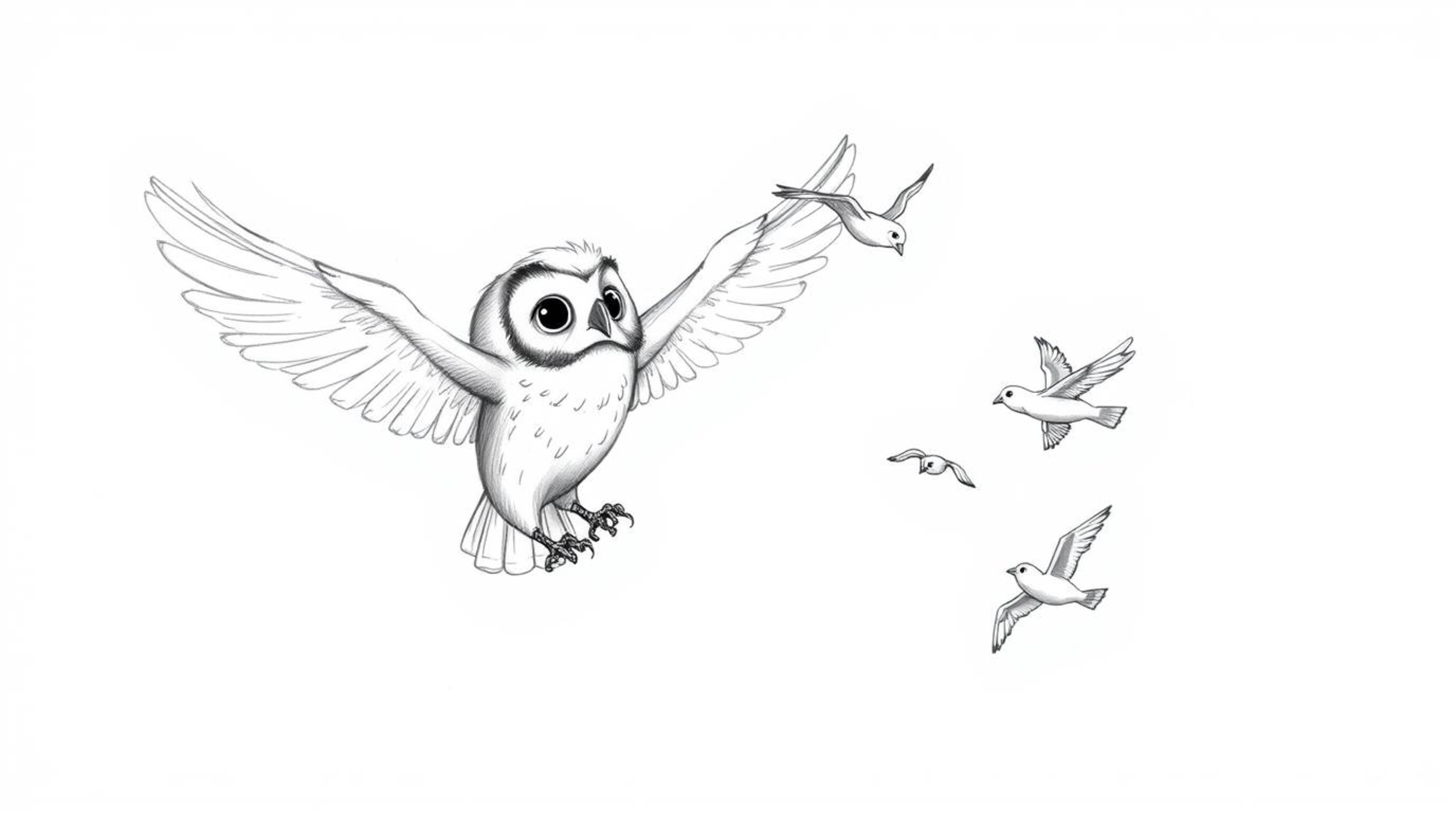 A heartwarming, hand-drawn sketch reminiscent of Pixar's style, showcasing a blind owl with soft, textured pencil strokes gui