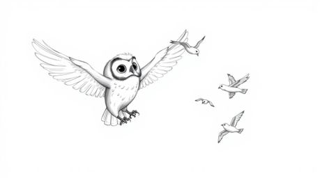 A heartwarming, hand-drawn sketch reminiscent of Pixar's style, showcasing a blind owl with soft, textured pencil strokes gui