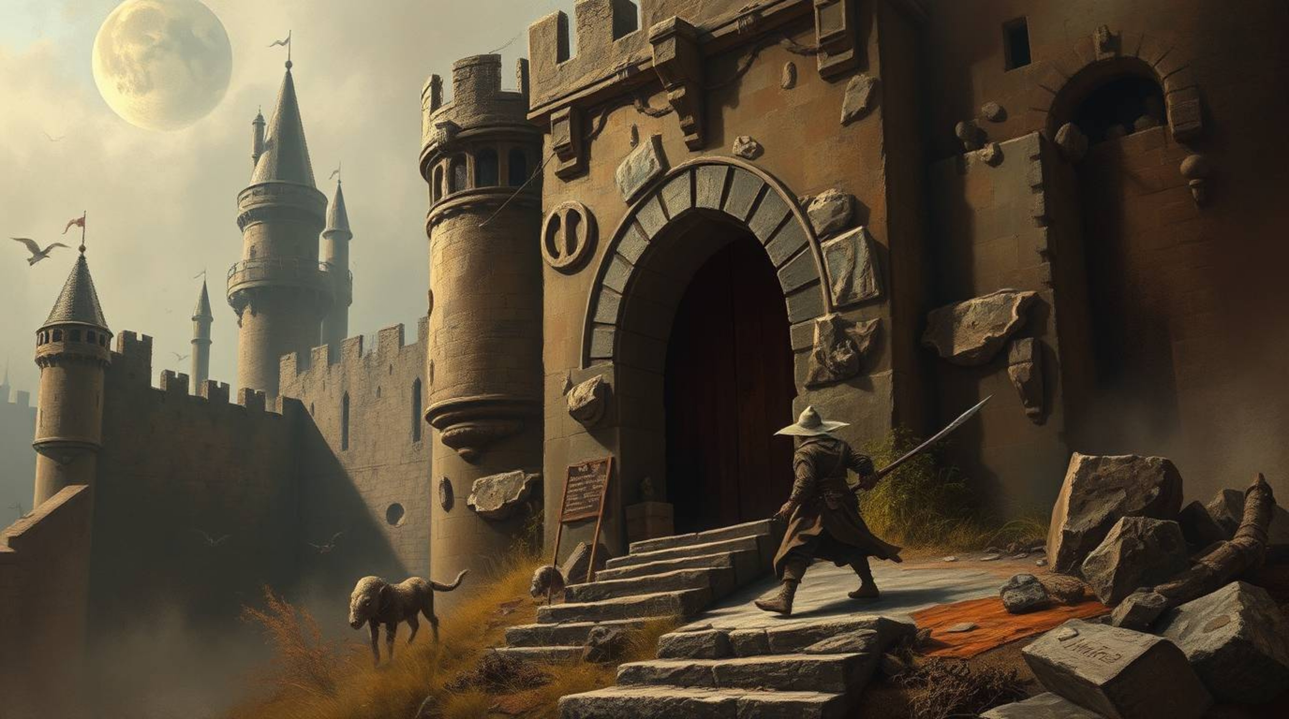 A dreamlike and surreal painting depicts a thief stealthily infiltrating a heavily guarded castle, rendered in natural earth 