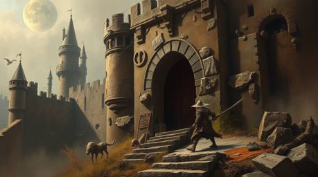 A dreamlike and surreal painting depicts a thief stealthily infiltrating a heavily guarded castle, rendered in natural earth 
