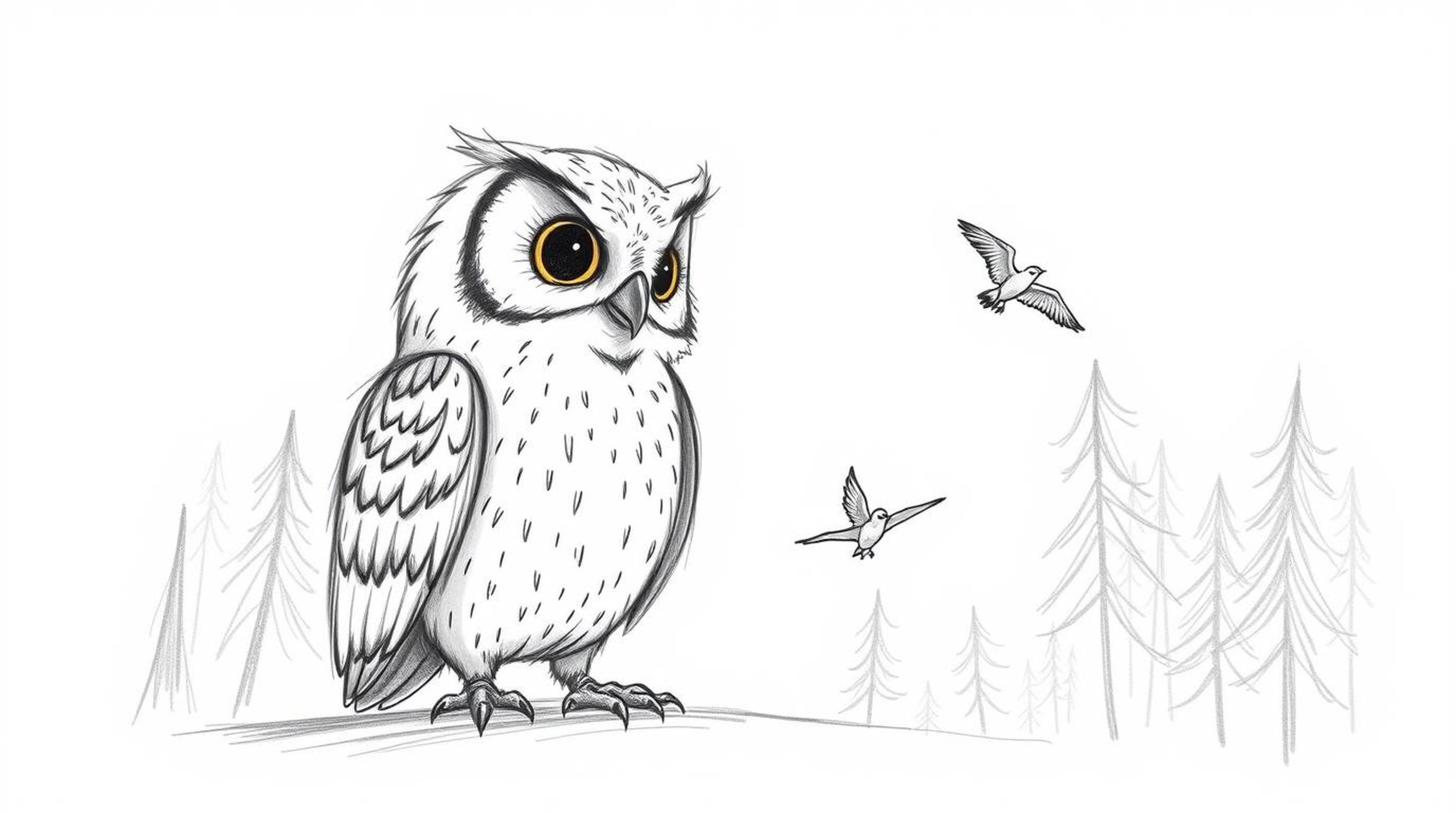 A heartwarming hand-drawn sketch in the style of Pixar, depicting a wise, gentle blind owl patiently teaching small birds to 