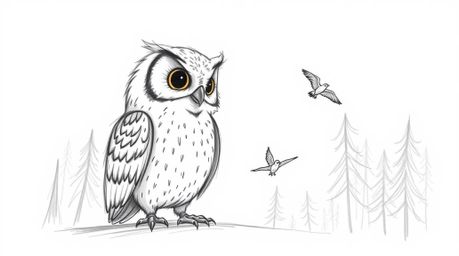 A heartwarming hand-drawn sketch in the style of Pixar, depicting a wise, gentle blind owl patiently teaching small birds to 