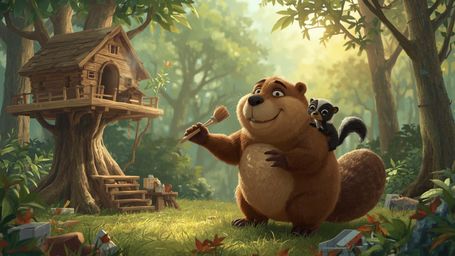 A high-resolution stock photo shows a beaver with a warm, gentle expression, busily constructing an intricately designed, mul