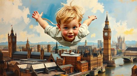 This classic oil painting depicts a young boy with rosy cheeks and blonde hair seemingly flying above a detailed London skyli