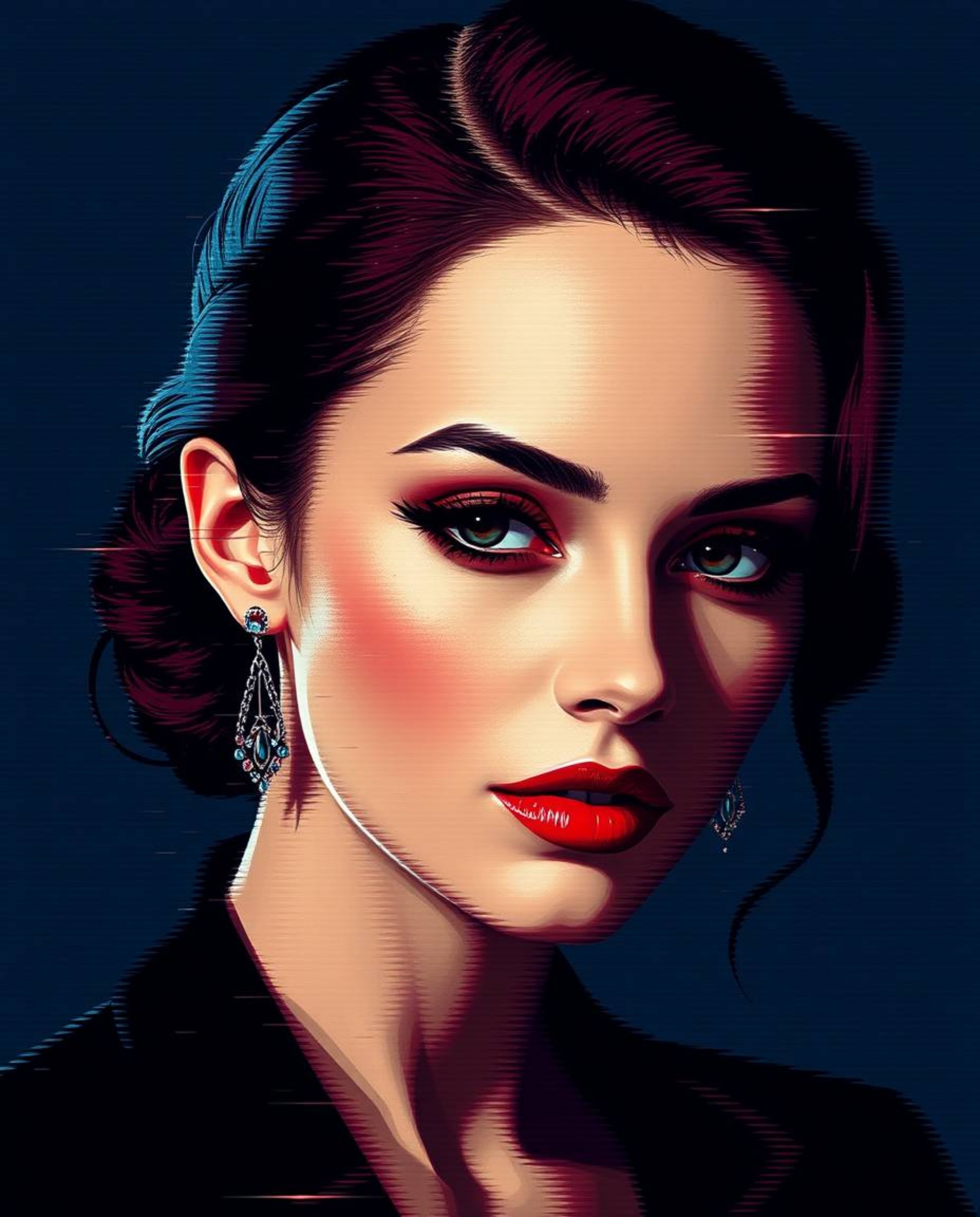 A captivating digital glitch art portrait, blending sophistication and chaos. This artwork showcases a refined subject render