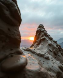 This sculptural clay artwork captures a wet, rainy scene of a sunset as viewed from a high alpine peak. The piece features in