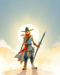 A delicate watercolor painting depicting a brave, Disney-style desert adventure hero silhouetted against a mesmerizing backli