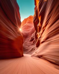 A dynamic motion scene captures sandstone cliffs in a canyon, illuminated by an intense, dramatic sunset. This artwork is def