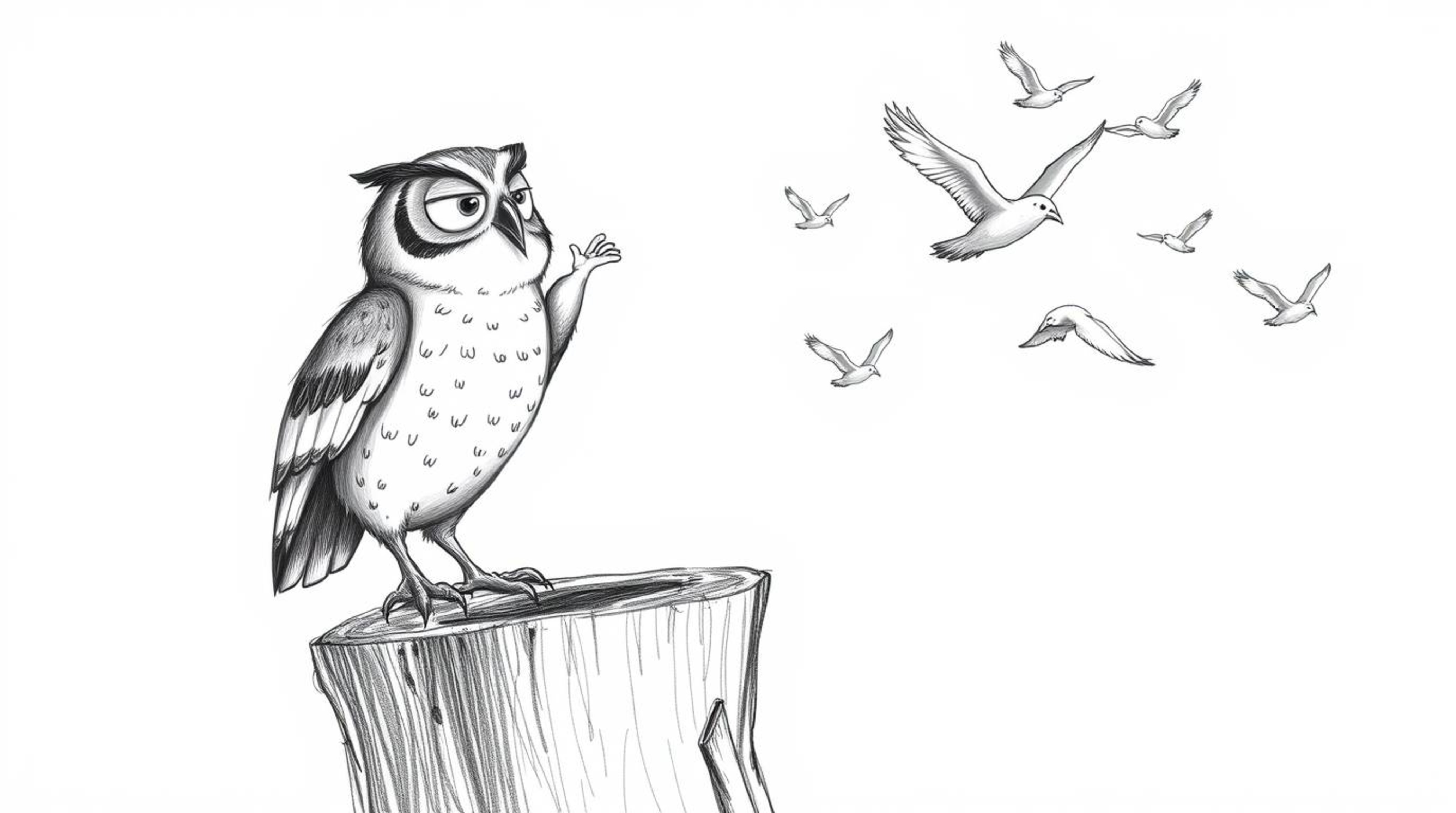 A heartwarming Pixar-style sketch depicts a blind owl teacher perched on a textured tree stump, joyfully cheering as its bird