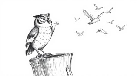 A heartwarming Pixar-style sketch depicts a blind owl teacher perched on a textured tree stump, joyfully cheering as its bird