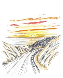 This hand-drawn sketch captures a sunset sky over a winding coastal highway, imbued with an earthy and cozy feel through a pa