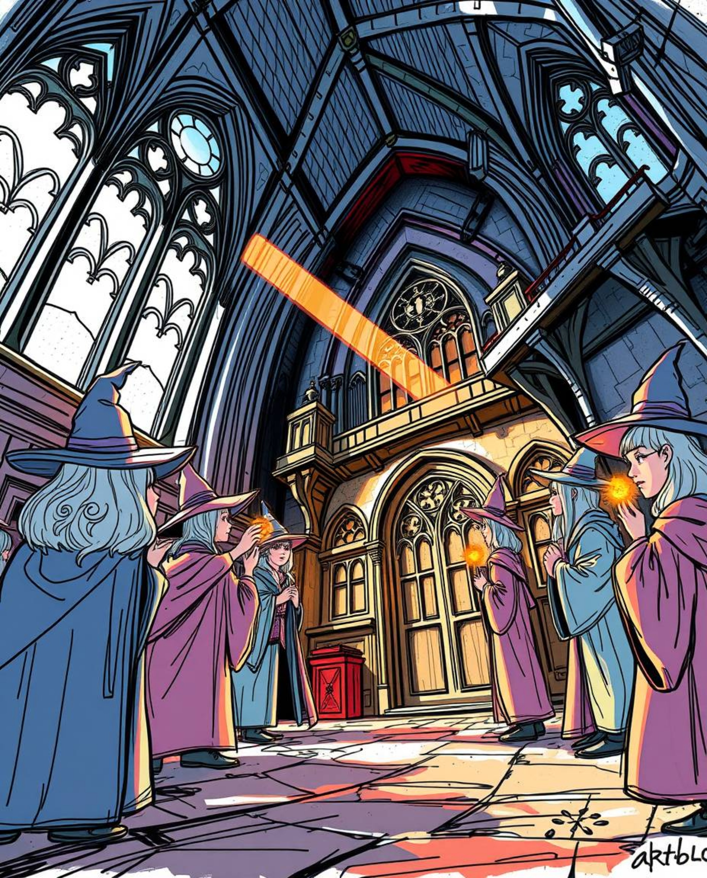 Discover a captivating hand-drawn sketch depicting a magical school brimming with young wizards. This expressive sketchnote f