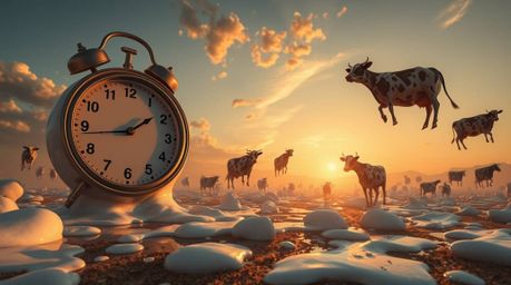 Explore a captivating high-resolution stock photo showcasing a surreal dreamscape where melting clocks and floating cows coll