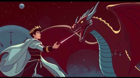 Experience a futuristic take on a classic tale with a charming prince battling a dragon in a vibrant, sci-fi infused 1950s an