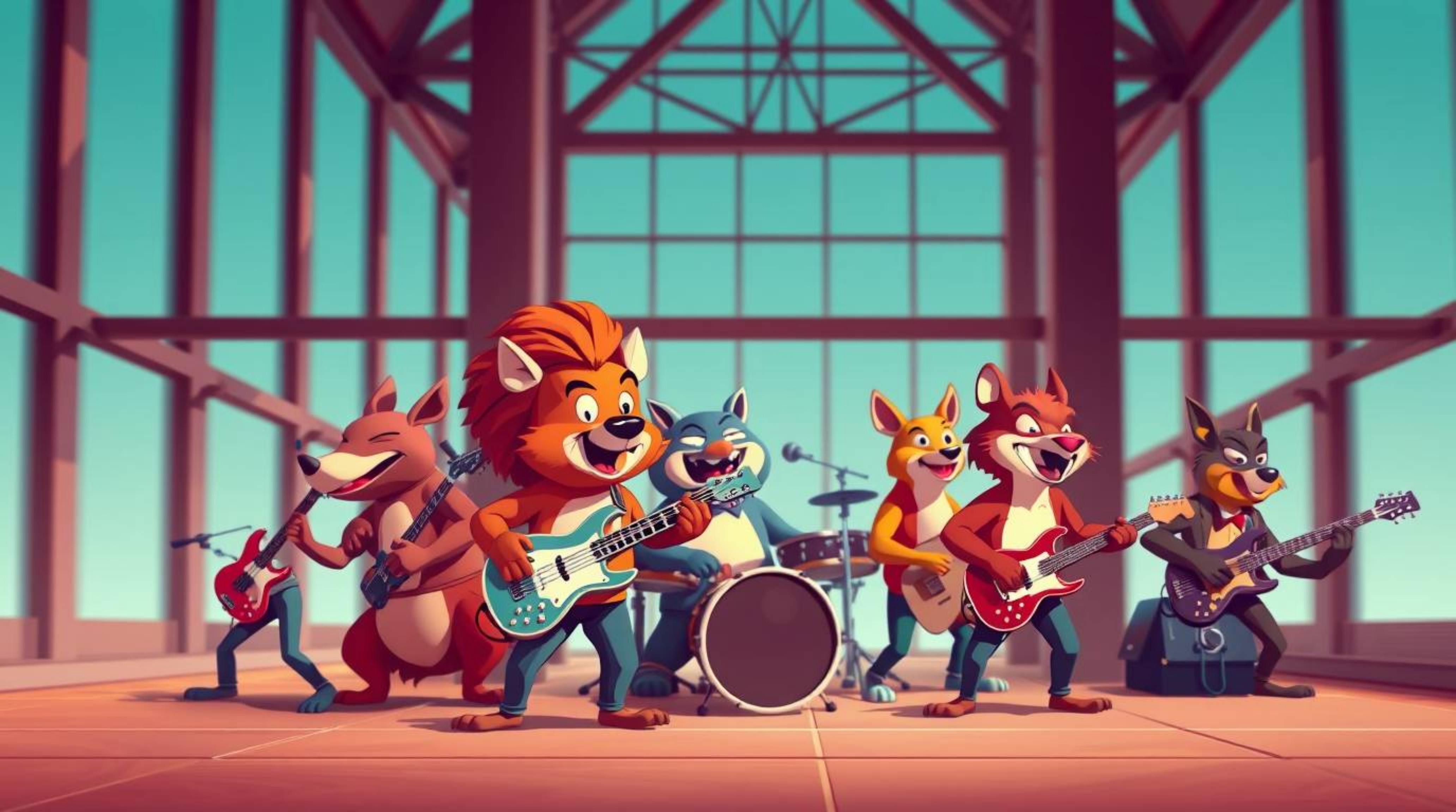 Experience a vibrant and stylish portrayal of a cartoon animal rock band.  This captivating image, captured in a precise arch