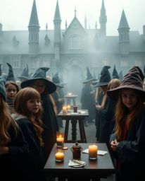 A high-resolution stock photo showcasing a magical school brimming with young wizards.  The image features a soft cinematic h