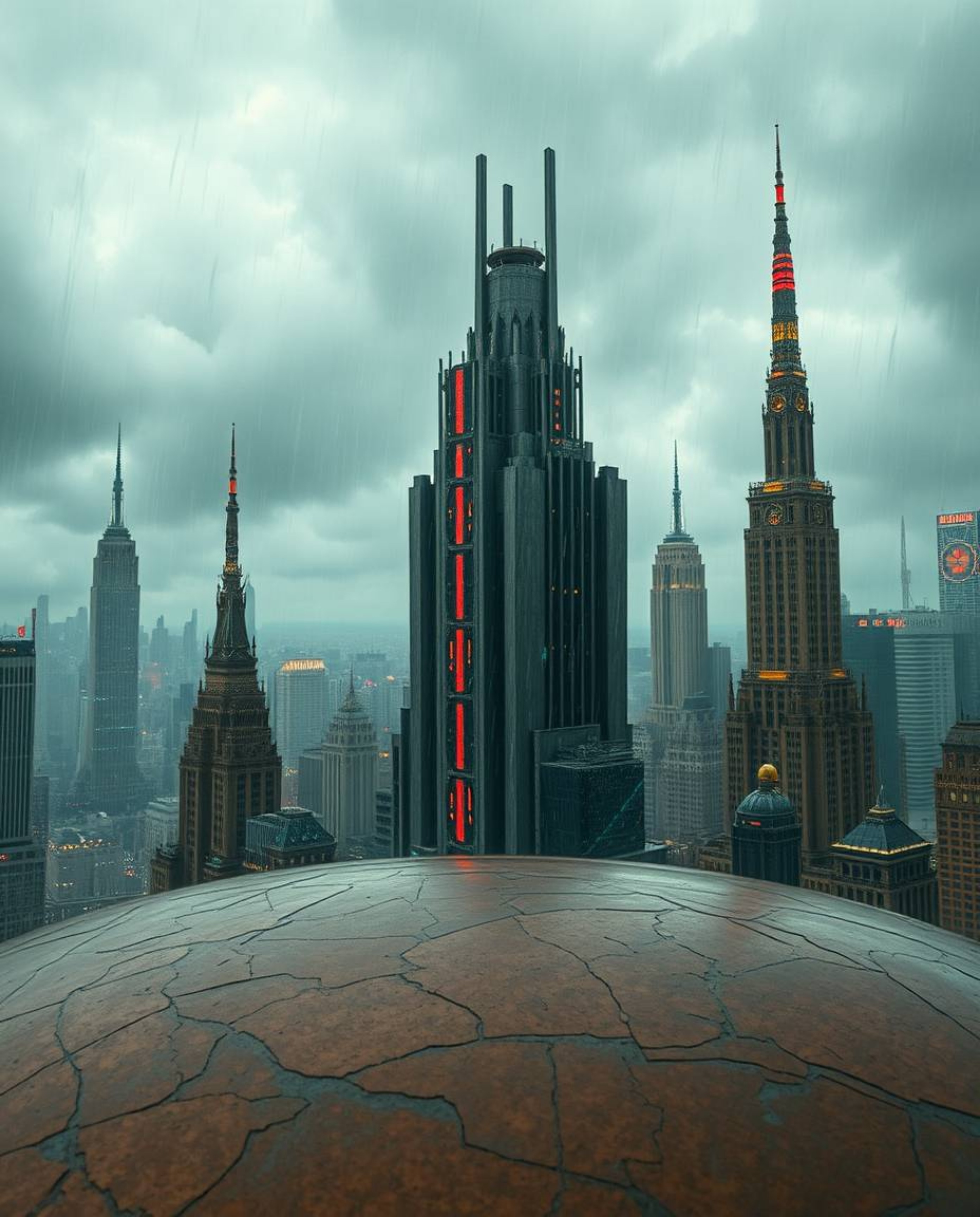 Explore a captivating blend of antique charm and futuristic dystopia. This image features a cast bronze surface with an inten