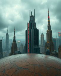 Explore a captivating blend of antique charm and futuristic dystopia. This image features a cast bronze surface with an inten