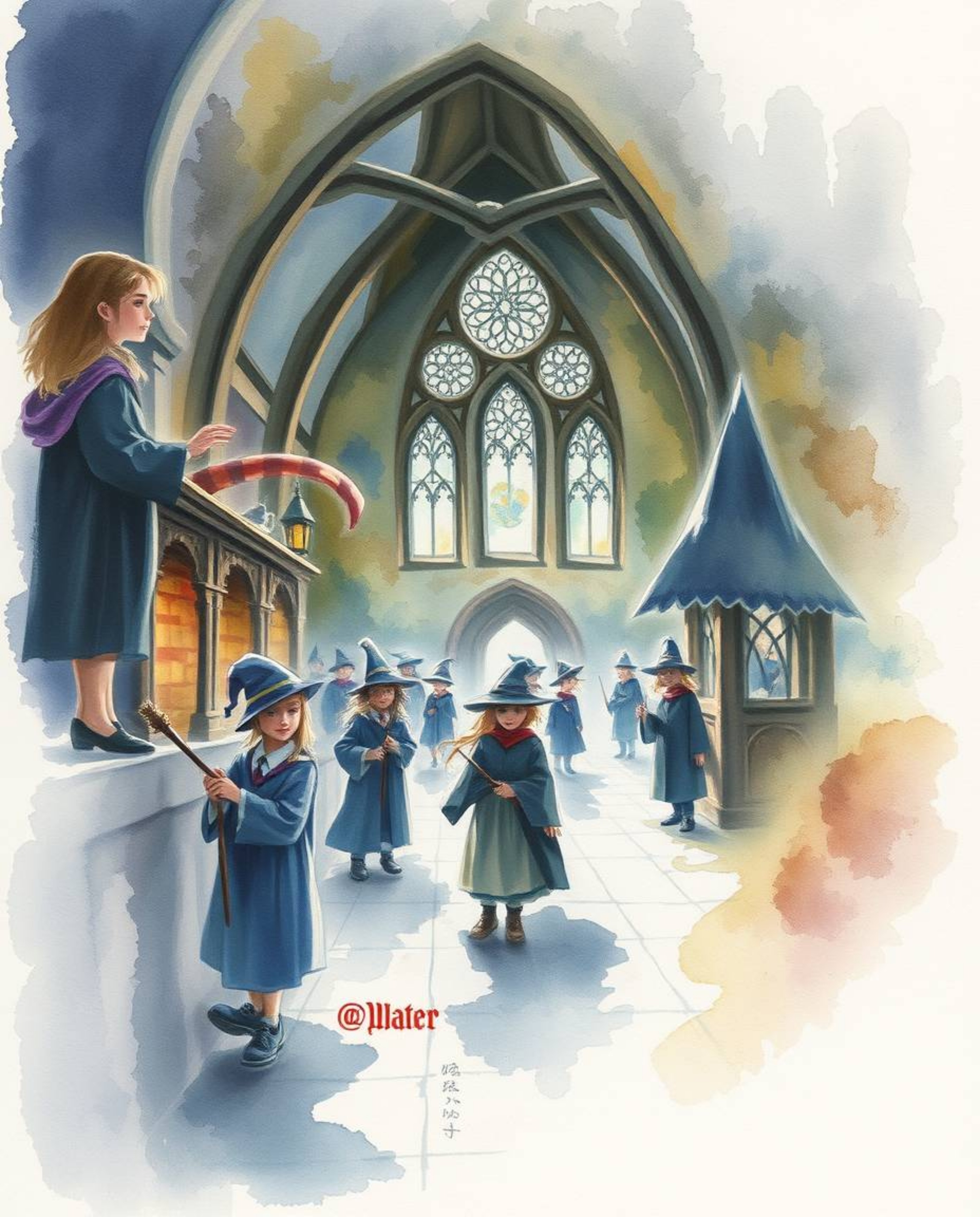 A captivating watercolor painting showcases a magical school brimming with young wizards.  The artwork utilizes translucent w