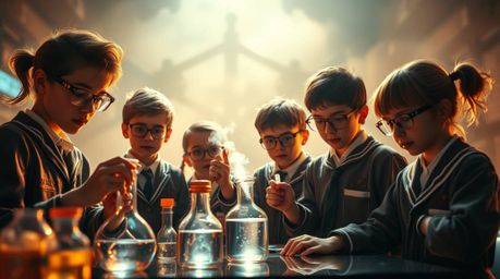 Discover an epic, modern scene of quirky kids in school uniforms conducting exciting science experiments.  Bathed in a warm, 