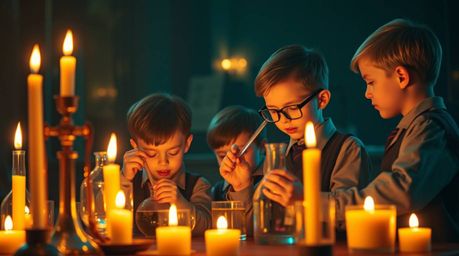A captivating scene of quirky children in school uniforms conducting experiments under the warm glow of candlelight.  Rich te