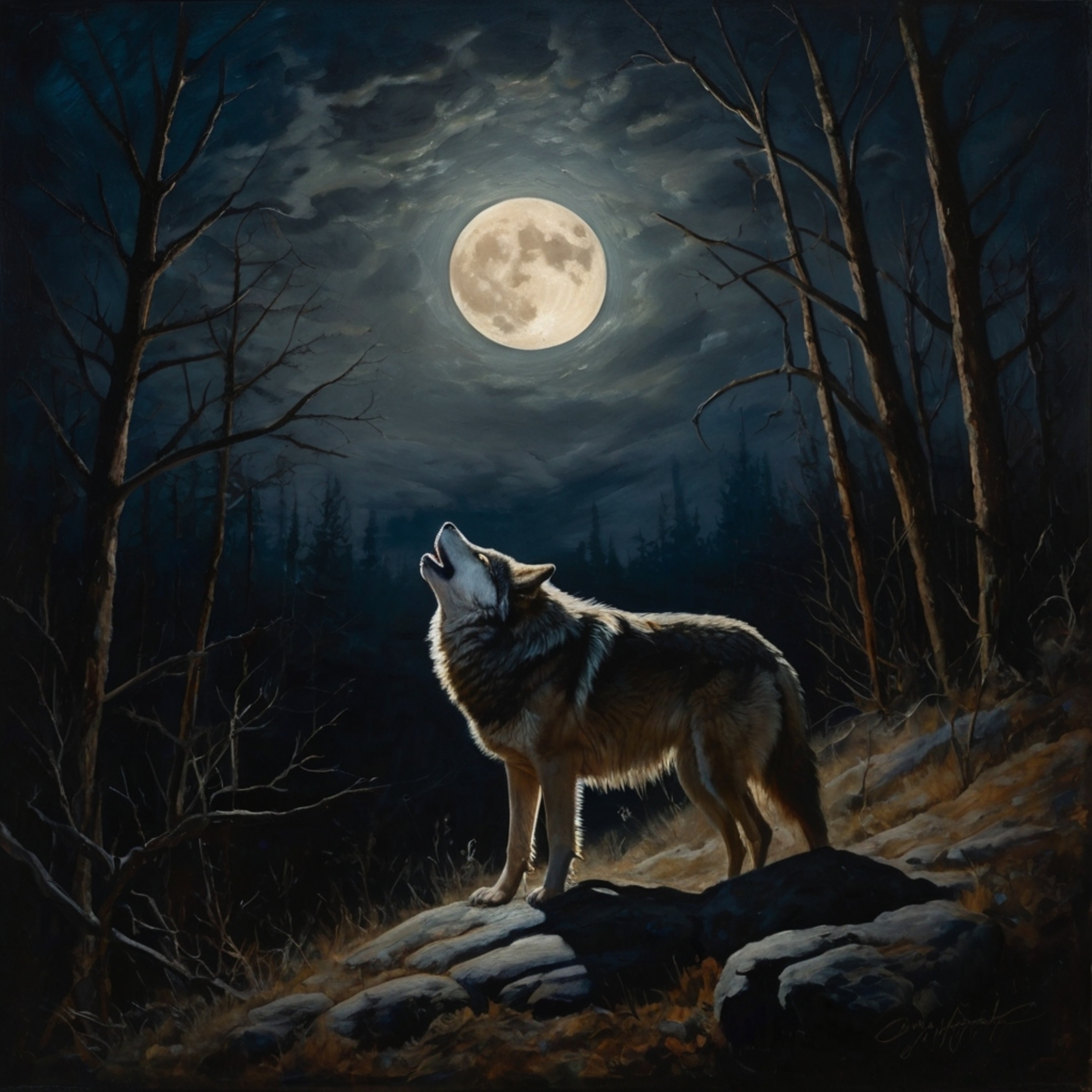 A captivating oil painting depicting a lone wolf howling mournfully at the radiant full moon. The artwork is characterized by