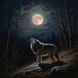 A captivating oil painting depicting a lone wolf howling mournfully at the radiant full moon. The artwork is characterized by