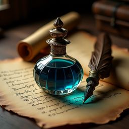 Evoking a sense of nostalgia and ancient wisdom, this scene features a beautifully crafted, ornate glass bottle brimming with