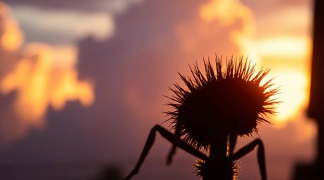 This stunning photograph captures an extreme macro close-up, silhouetted against the warm hues of the sunset, illuminating dr