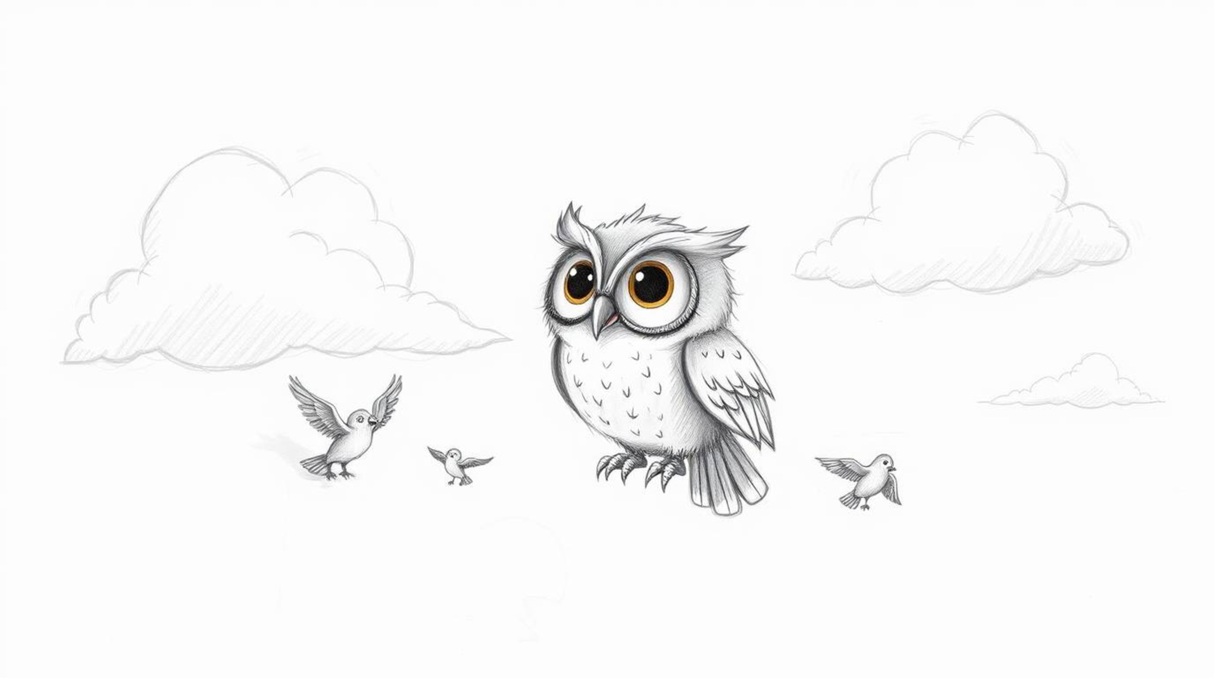A heartwarming hand-drawn sketch in Pixar style depicts a blind owl with large, expressive eyes and soft feathers, compassion