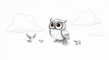 A heartwarming hand-drawn sketch in Pixar style depicts a blind owl with large, expressive eyes and soft feathers, compassion