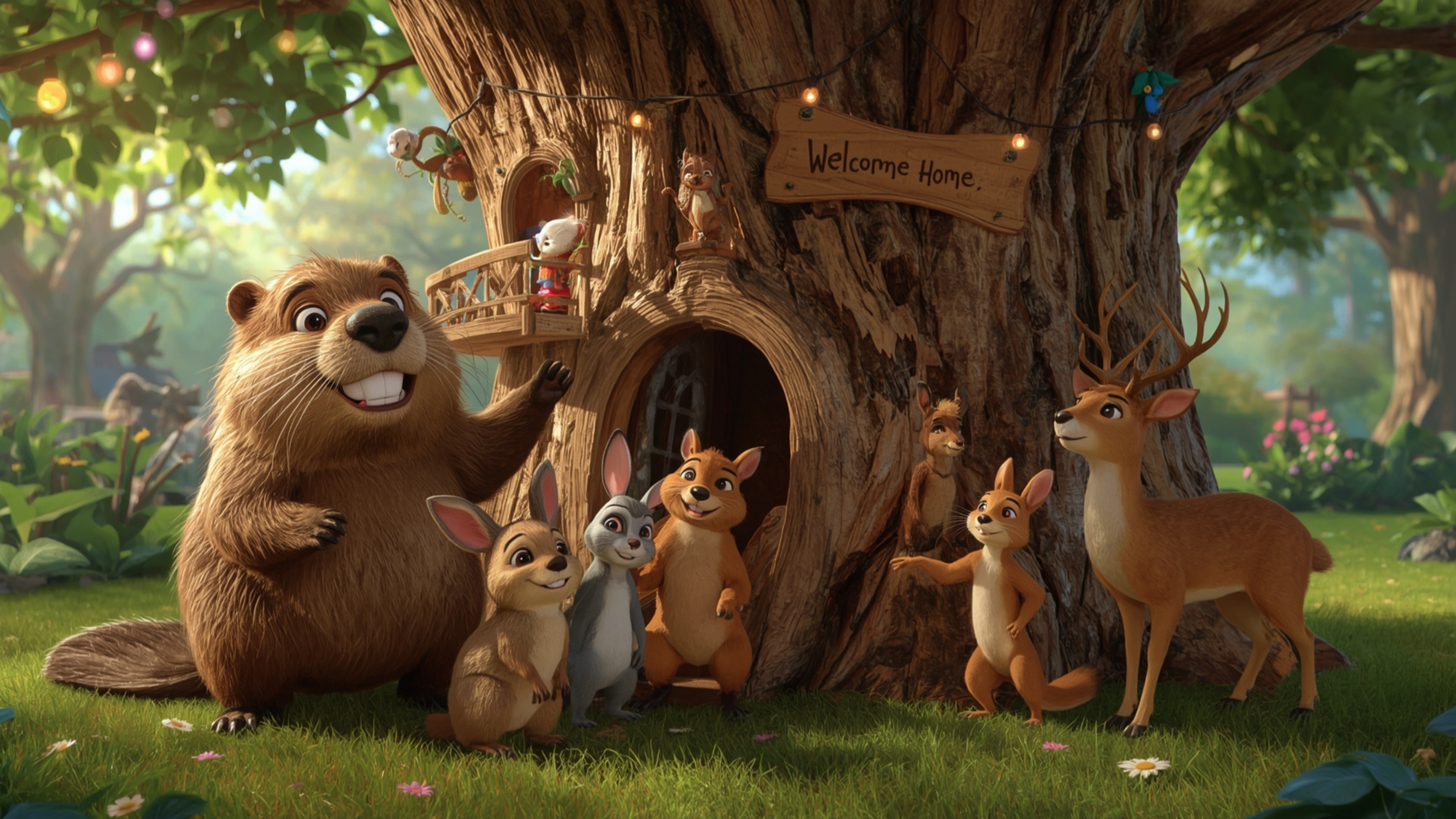 This vibrant, high-resolution stock photo captures a scene reminiscent of a Pixar animation, where a busy beaver with a kind,