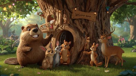 This vibrant, high-resolution stock photo captures a scene reminiscent of a Pixar animation, where a busy beaver with a kind,