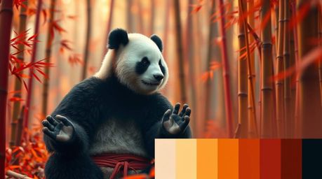 Immerse yourself in a serene scene featuring a martial artist panda deeply meditating within a lush bamboo forest. Bathed in 