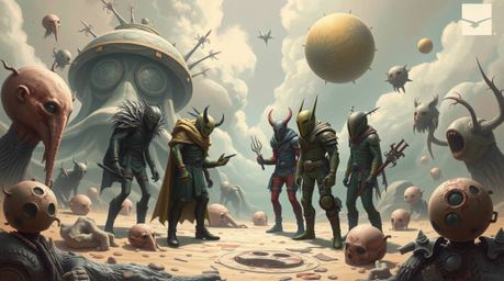 A captivating surreal digital painting showcases a team of misfit heroes uniting within a whimsical dream.  The artwork featu
