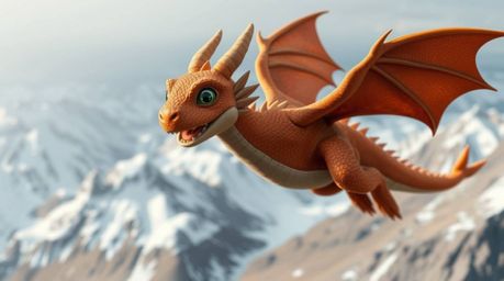 An adorable and charming dragon and rider soar above majestic icy mountains, rendered in natural earth tones with muted brown