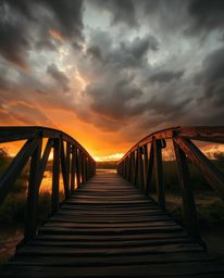 An extreme macro close-up captures the intricate details of an old wooden bridge over a river at sunset. The image is rendere