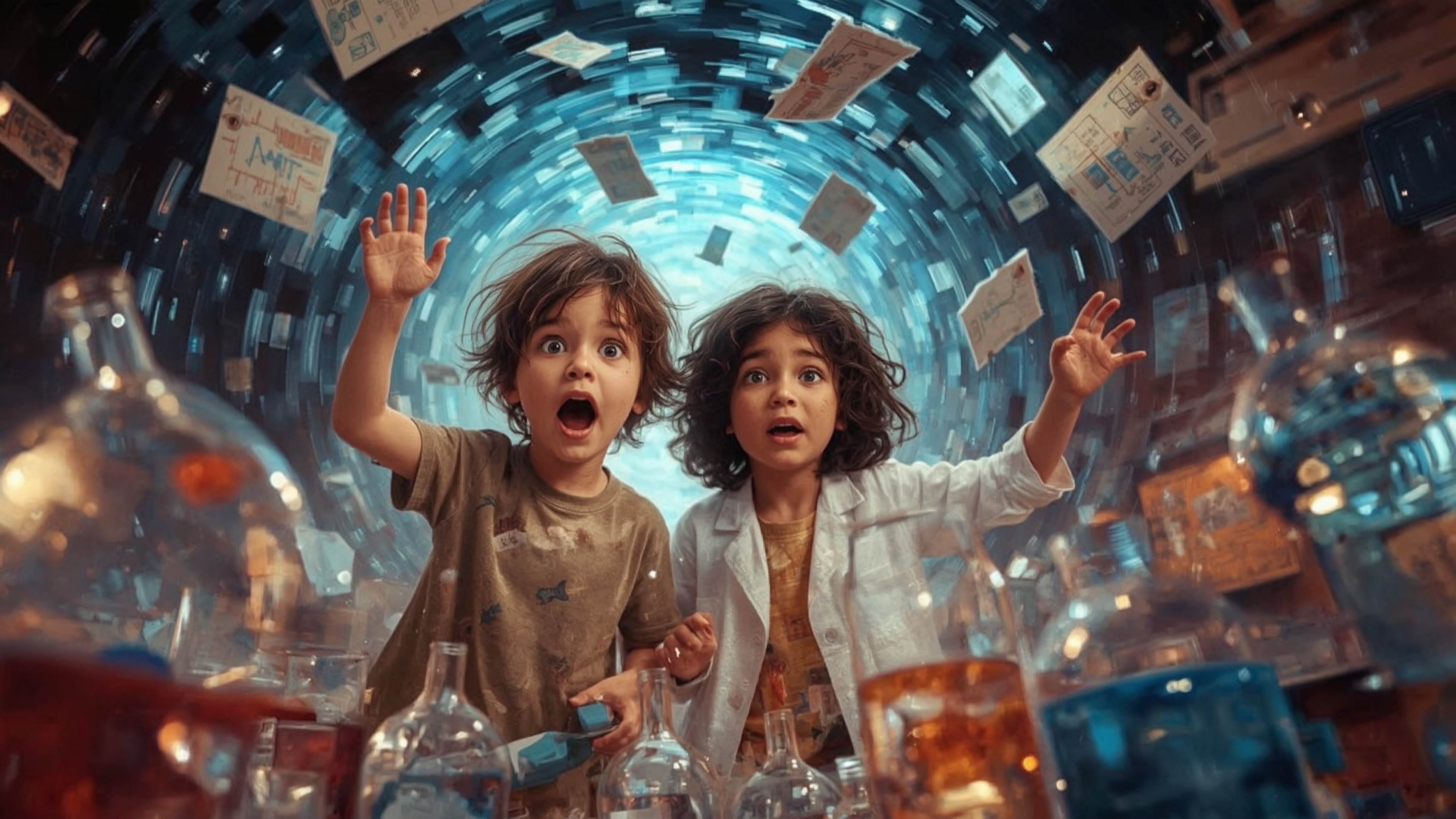 A vibrant, cinematic photograph in a Pixar-inspired, whimsical style captures two ecstatic and bewildered science fair studen