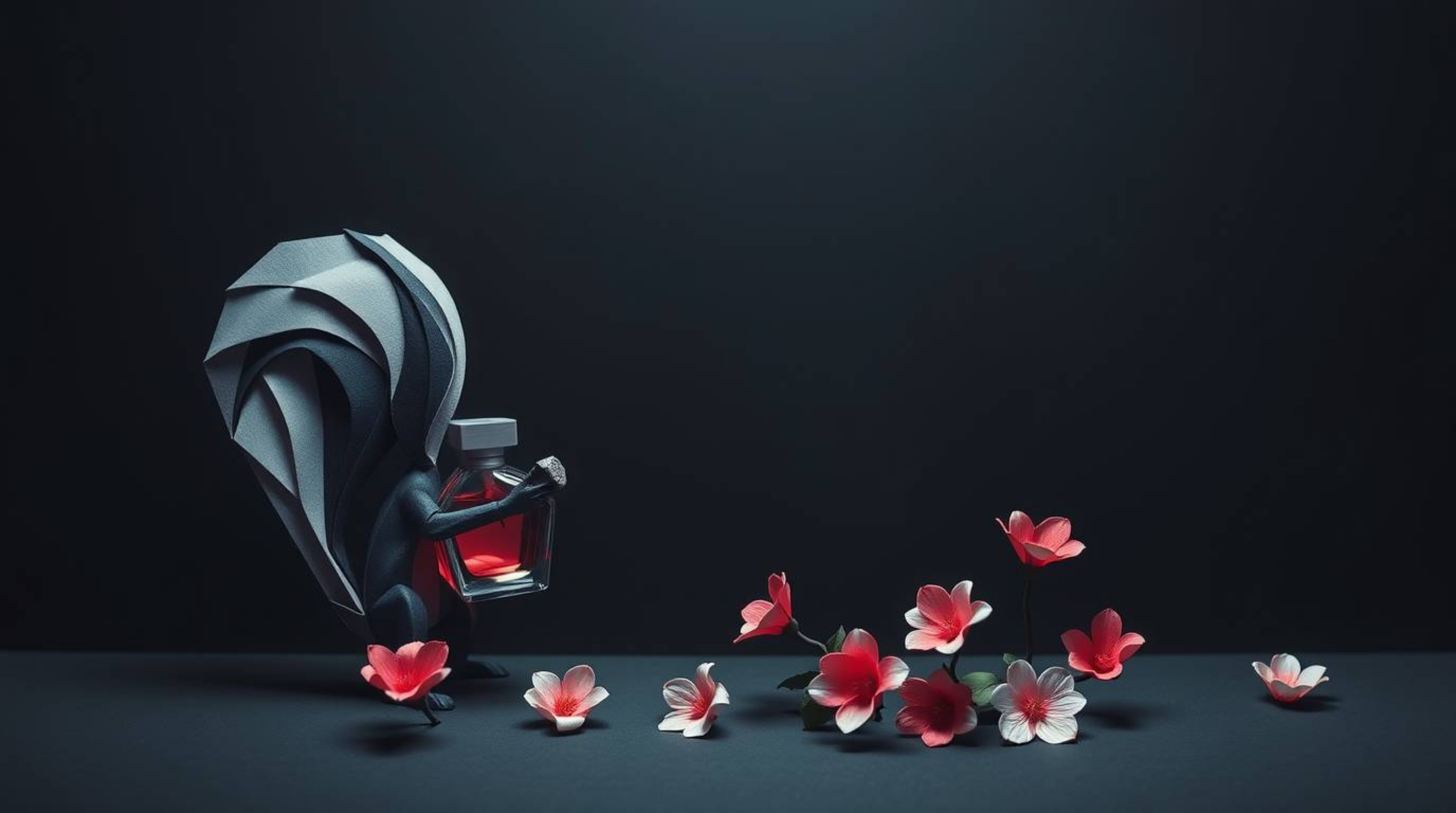 This artwork features an intricate origami-style depiction of a cartoon skunk playfully spraying perfume on flowers. The piec
