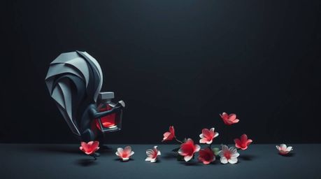 This artwork features an intricate origami-style depiction of a cartoon skunk playfully spraying perfume on flowers. The piec