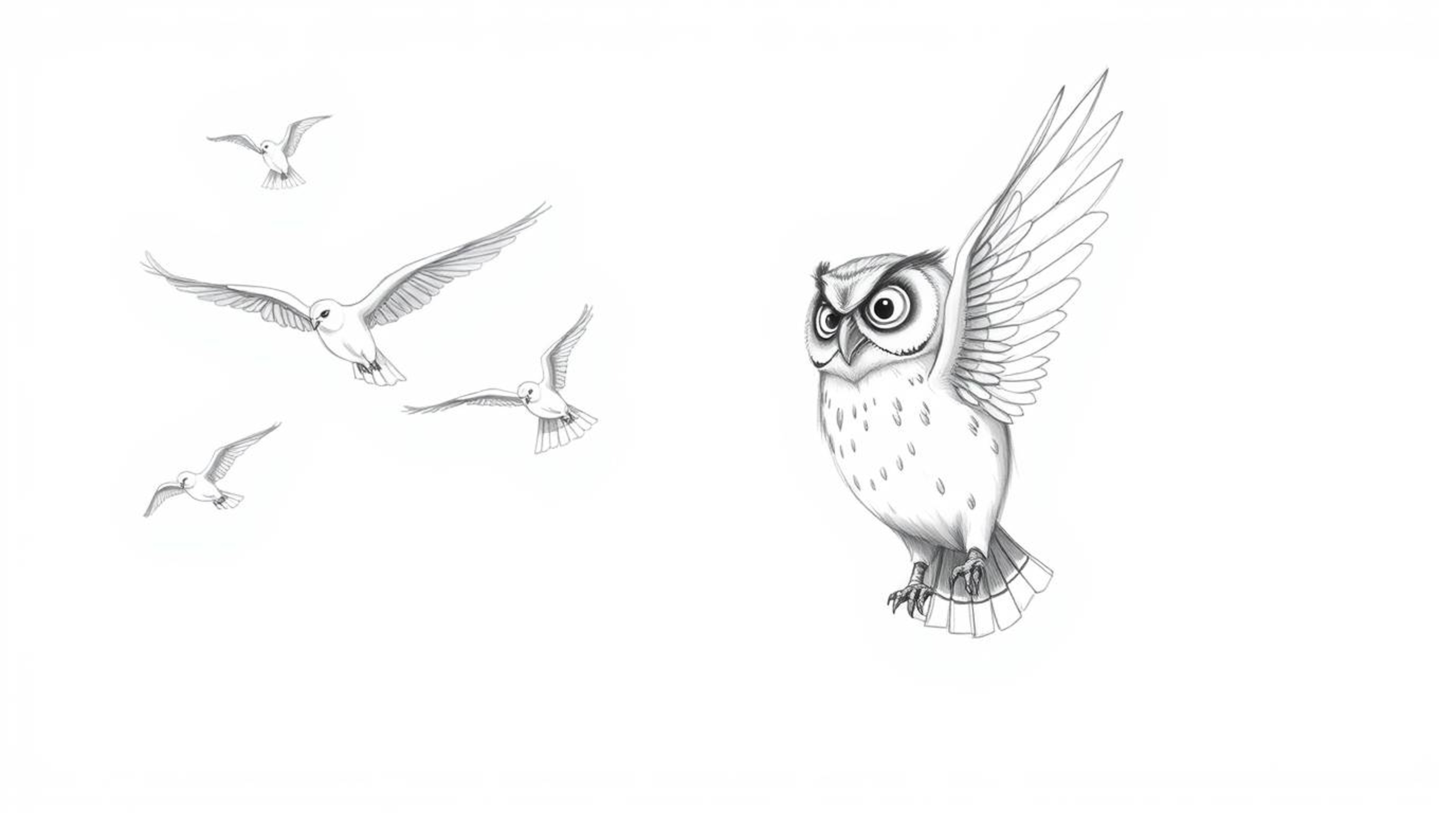 A hand-drawn pencil sketch in Pixar style depicts a blind owl, its feathers subtly textured, leading a flock of birds in a sy