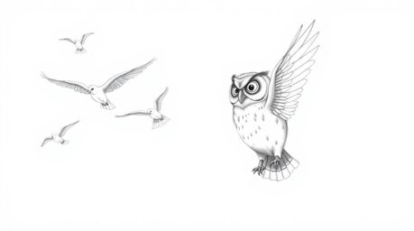 A hand-drawn pencil sketch in Pixar style depicts a blind owl, its feathers subtly textured, leading a flock of birds in a sy
