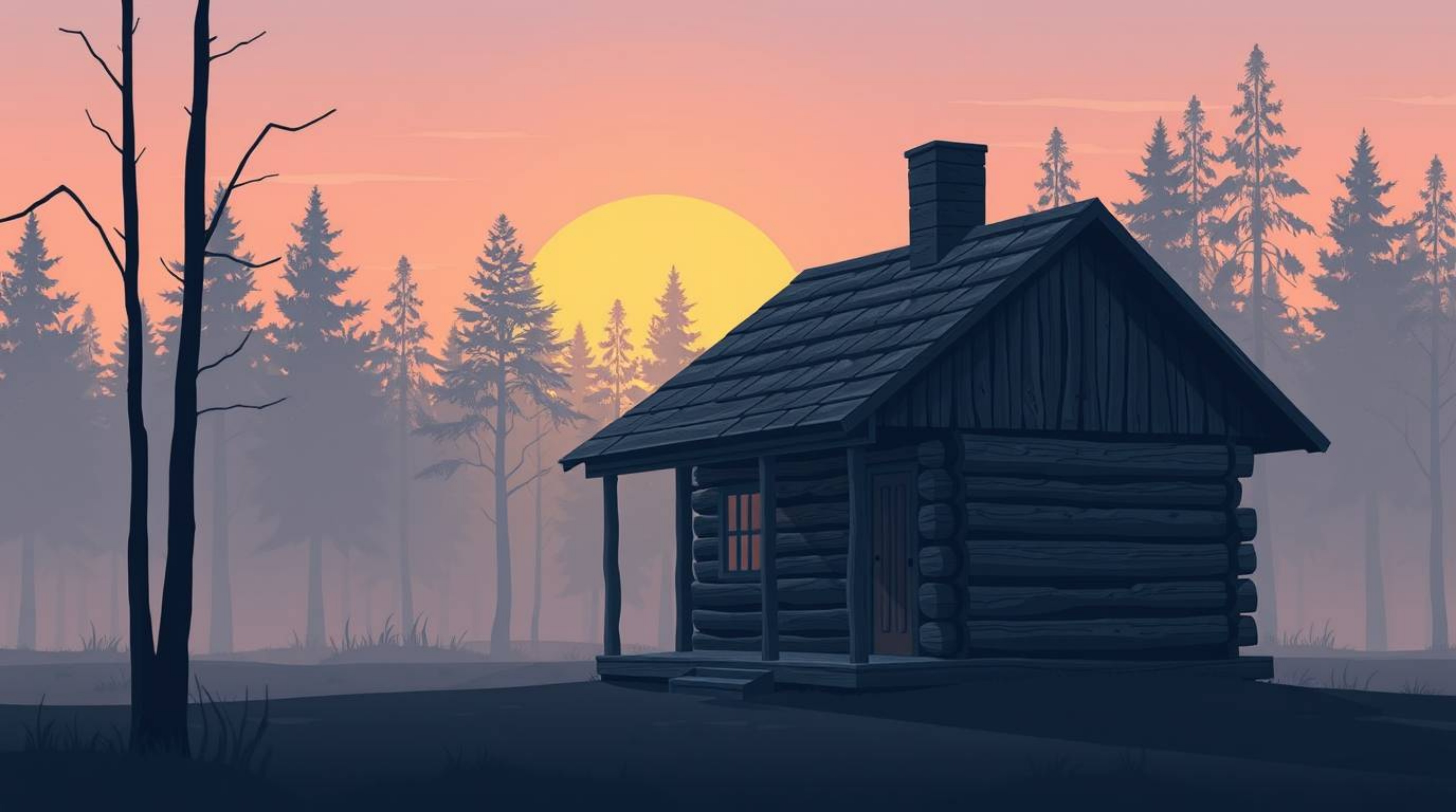 A modern flat design captures the serene beauty of an old wooden cabin nestled in the woods during sunset. The image features