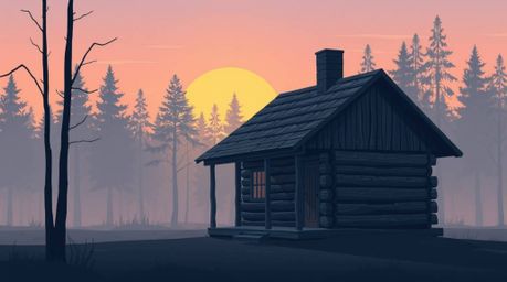 A modern flat design captures the serene beauty of an old wooden cabin nestled in the woods during sunset. The image features