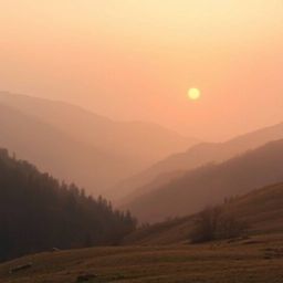Capture the ethereal spiritual vibe of a sunset over a quiet mountain valley, enhanced by a soft, light aura and a mystical f
